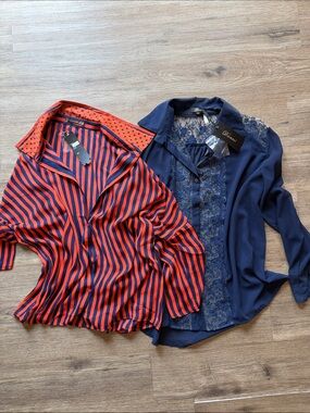 Navy Lace Button-Up Blouse & Orange-Navy Striped Shirt - Two-Piece Set